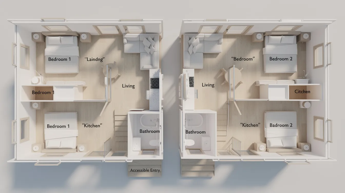 6863c678256742eda8bd34950ee218fc The image features a single story tiny house floor plan designed for accessibility showcasing two bedrooms positioned either side by side or at opposite ends with a central living space that connects to the kitchen and bathroom This layout maximizes space for a minimalist lifestyle ideal for small families or those seeking a simpler lifestyle in a compact 600 800 square foot home