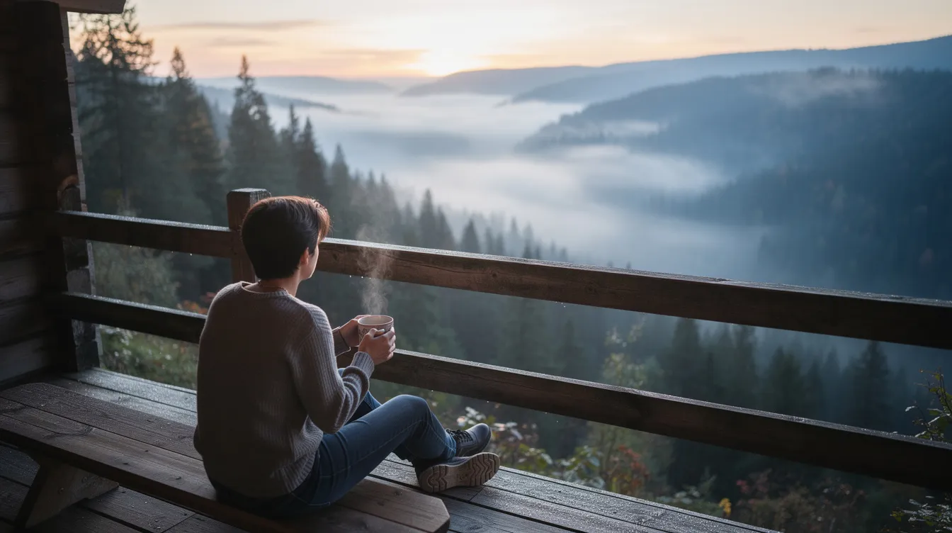 68731a44d34d41cdb5f0d889904a33b0 A person is sitting on the deck of a frame cabin gazing out over a misty forest valley surrounded by the serene beauty of nature The cabin designed with large windows to let in natural light offers a perfect retreat for those seeking a vacation home or a year round escape