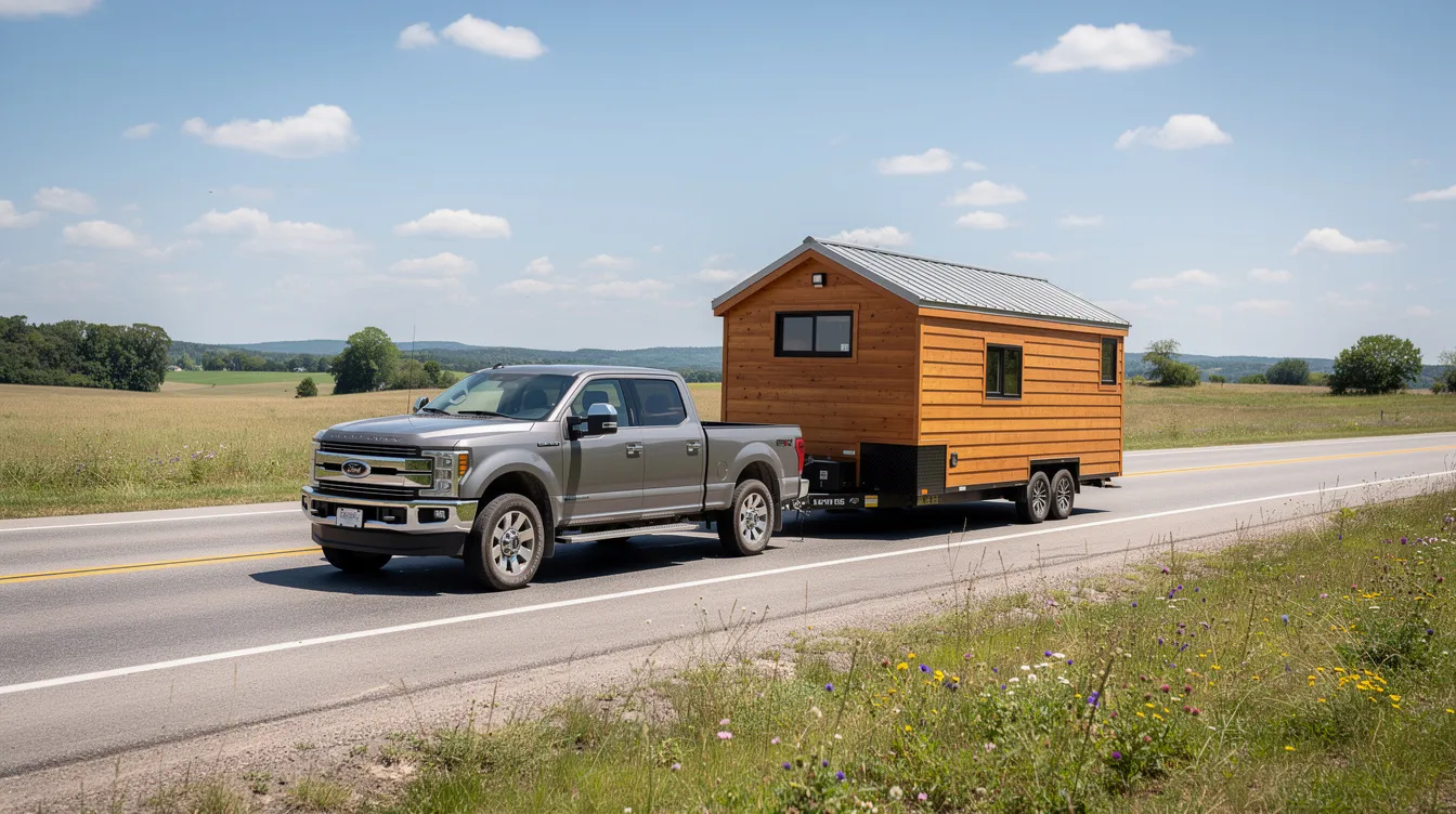 68f15aa0296e4b50a637caf041473d81 A pickup truck towing a tiny house trailer with a gooseneck hitch is seen on a rural highway showcasing the versatility of custom tiny house trailers designed for easy transport The scene highlights the connection between the truck and the trailer emphasizing the practicality of tiny homes on wheels for those in the tiny house community