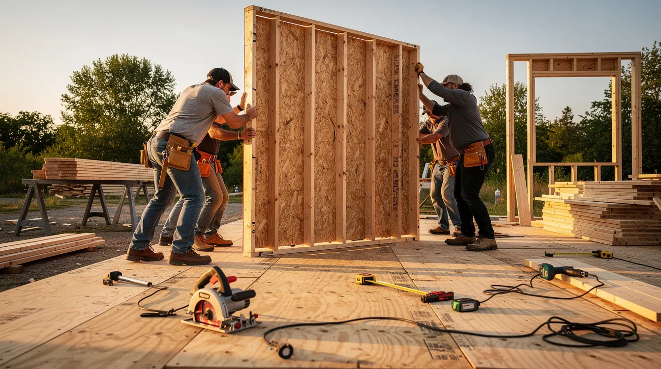 6976e3801686475dabe334b9e6badaa7 A group of workers is raising a framed tiny house wall from a flat position on the subfloor deck demonstrating the initial stages of tiny house framing The scene highlights the collaboration involved in building a structurally sound tiny home with visible window openings and the essential framing materials being used