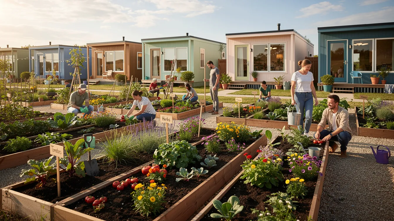 6a1425732bff42f5a12b3de68ad27531 The image depicts a vibrant community garden with raised beds filled with various plants while tiny houses are visible in the background showcasing a tiny home community in central Illinois This setting highlights the connection between sustainable living and community engagement ideal for outdoor enthusiasts