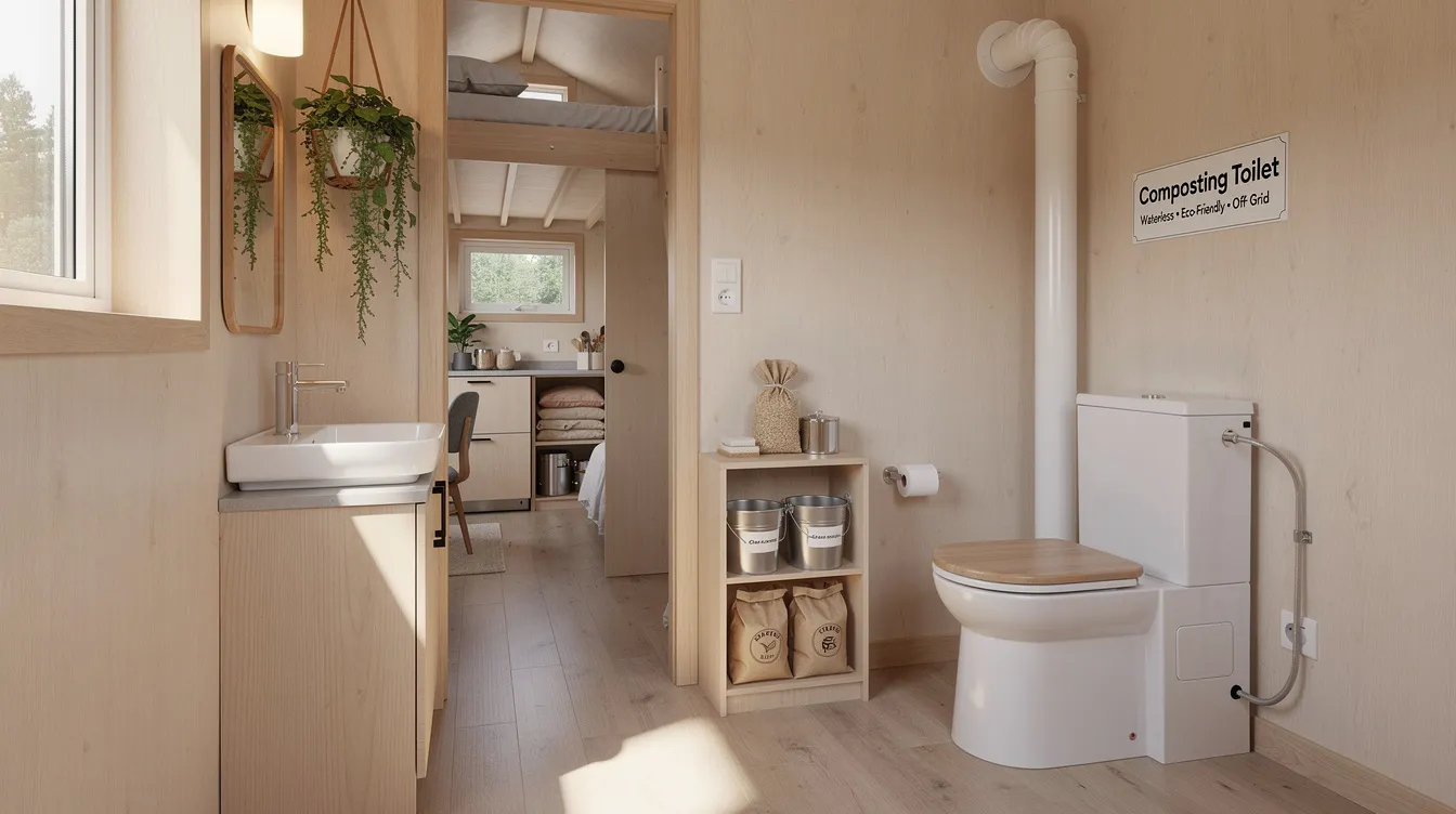6a832b429af44515a2dacc10a3f93187 The image depicts a compact bathroom in a tiny house featuring a composting toilet showcasing a sustainable waste management solution for tiny house owners The design emphasizes efficient use of limited space while promoting eco friendly living through natural processes that treat human waste and convert it into nutrient rich compost