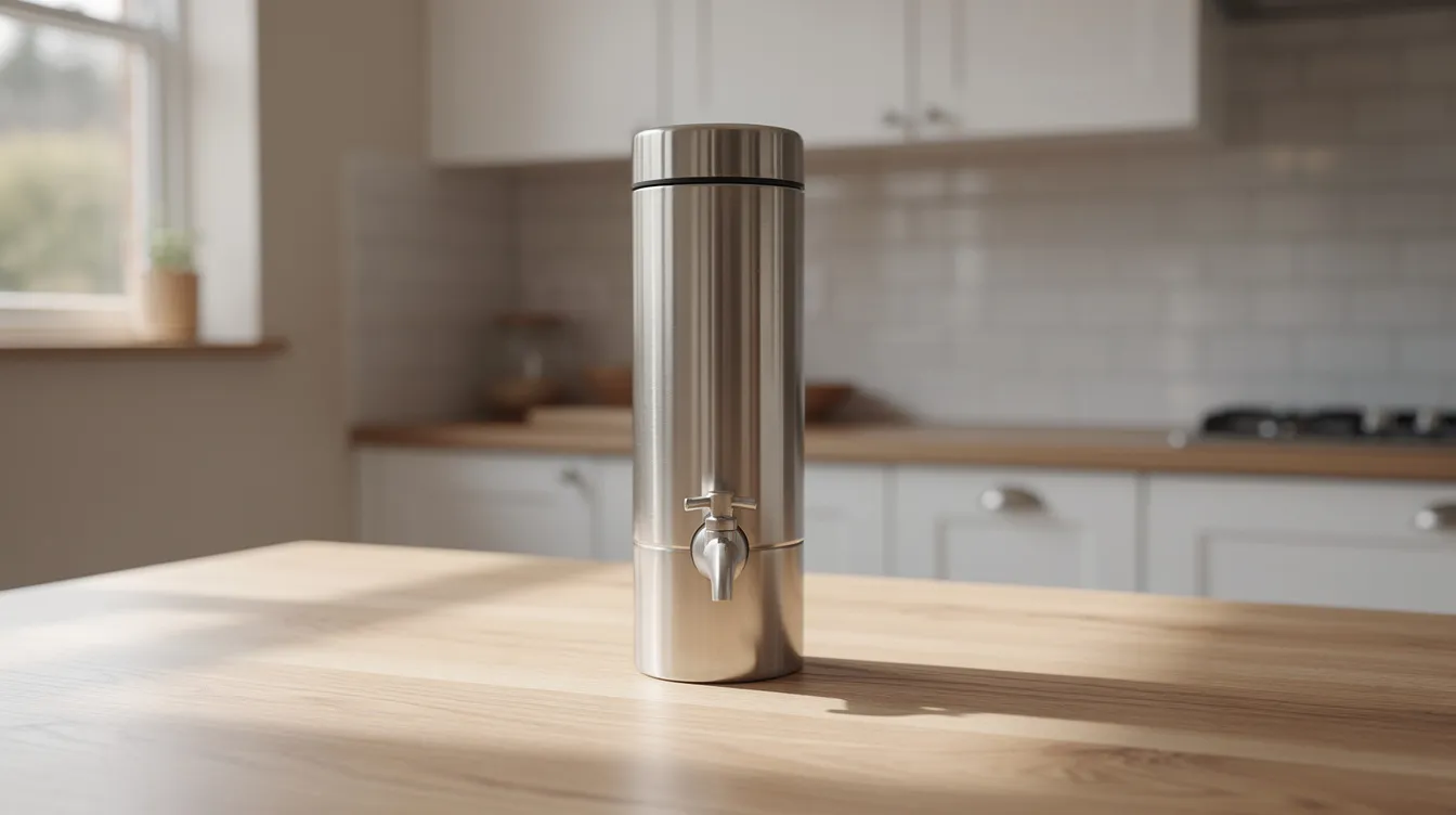 6b02ff4404854d66a776795e7b965b79 A stainless steel gravity water filter is prominently displayed on a wooden countertop in a compact kitchen showcasing a sleek design that emphasizes clean drinking water This water filter system is ideal for RV owners and weekend campers seeking to purify their water sources from harmful contaminants and ensure safe drinking water for cooking and washing dishes