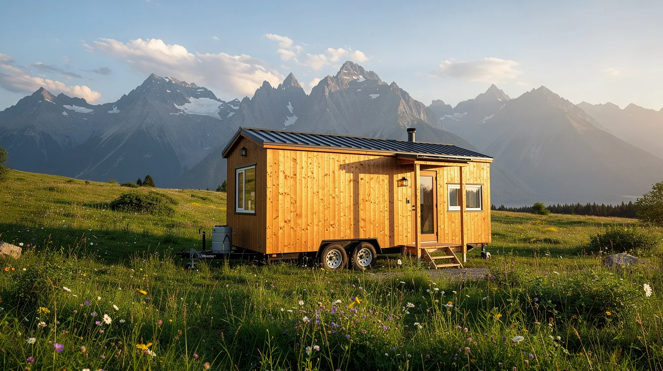 6be859a1e457412bb5261ebbb619f741 A small wooden tiny house on wheels is parked in a lush green meadow surrounded by majestic mountains in the background This charming tiny home exemplifies the beauty of tiny house living showcasing a creative use of space and lightweight materials in a serene natural setting