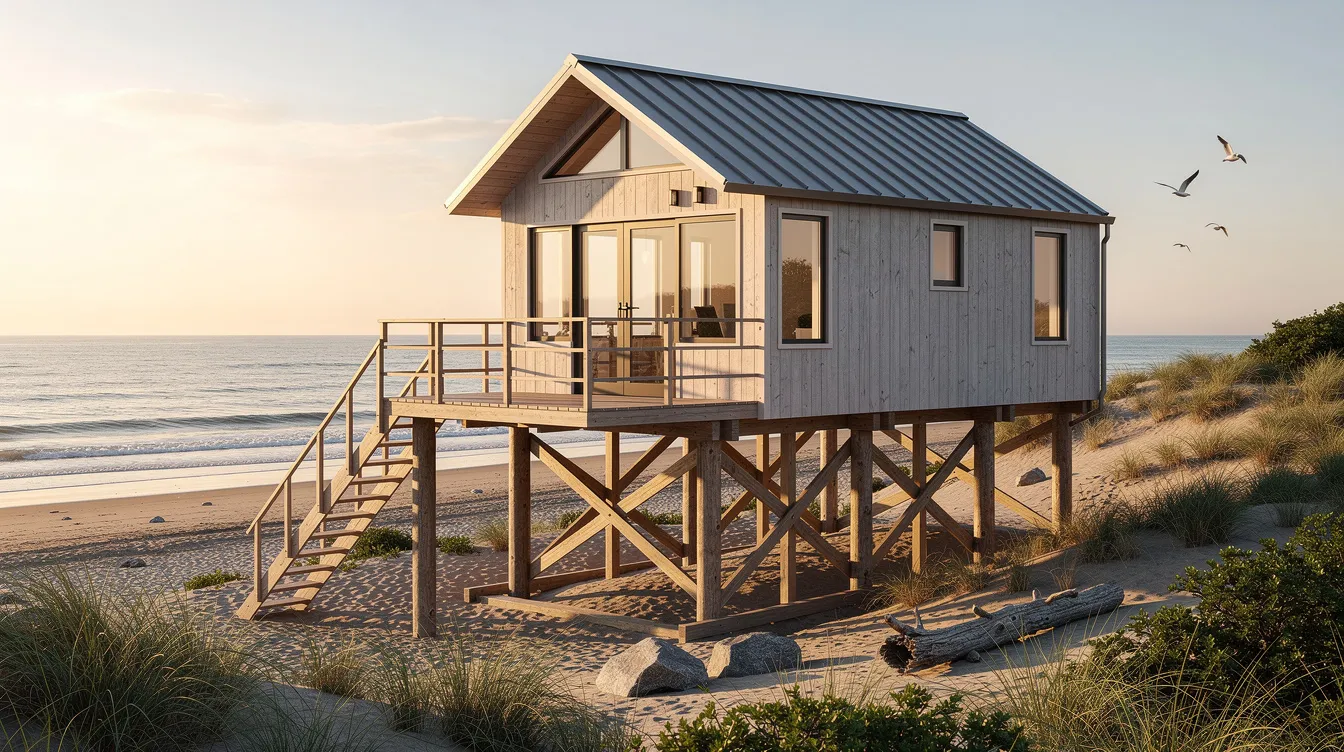 6c2513e91a4941159dfe1f17ddd82f91 The image depicts a coastal tiny home elevated on piers designed to protect against potential flooding and extreme weather conditions This super secure tiny house is built to withstand strong winds and hurricanes featuring hurricane ties and heavy duty straps for safety during storm seasons
