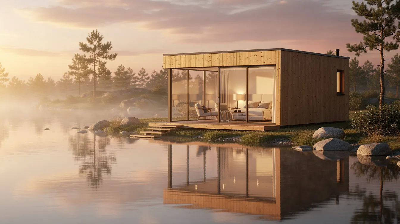 6c39238296a64ef4be8a5f1e40666913 A small wooden tiny house with large glass walls sits beside a calm lake reflecting the golden hues of sunset The design emphasizes natural light and offers a stunning view of the surrounding nature creating a serene home for exploration and relaxation