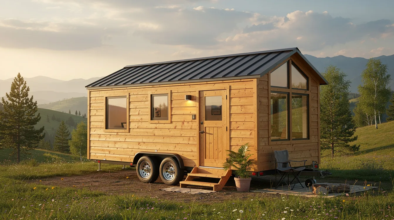 6e288b993e3d40a492b31c7d524dd3a8 The image depicts a small wooden tiny house on wheels nestled in a picturesque outdoor setting showcasing the tiny house movement This charming dwelling is ideal for off grid living and could feature energy efficient options like tankless water heaters or solar systems for instant hot water