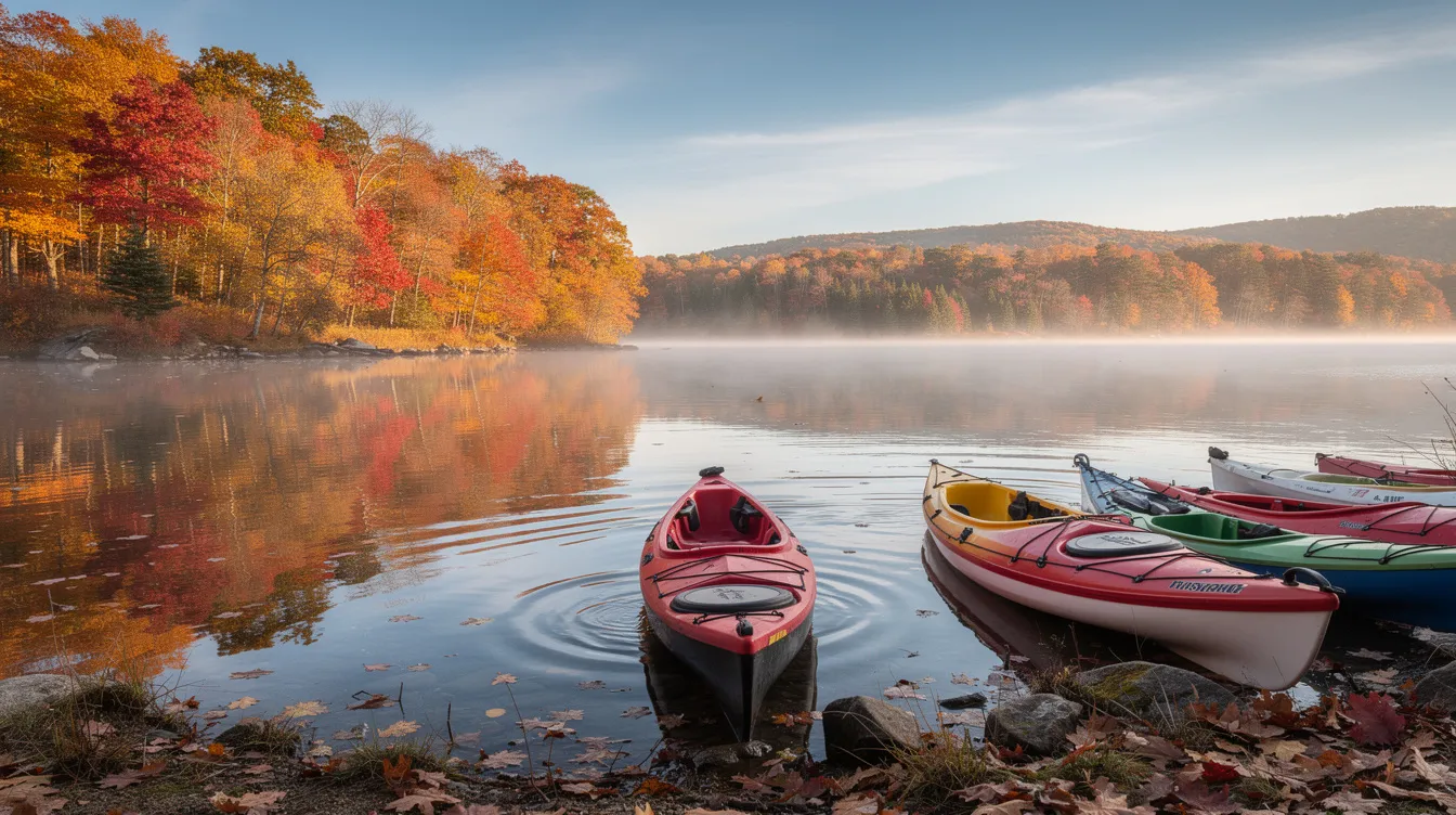 6ea3f18864f94732a54b8eec97b33ced The image depicts a serene lake surrounded by vibrant autumn foliage with colorful kayaks gently floating on the water capturing the peaceful essence of Rhode Island's natural beauty. This tranquil scene invites viewers to imagine a cozy lifestyle in tiny home communities, where residents can enjoy the outdoors and the changing seasons.