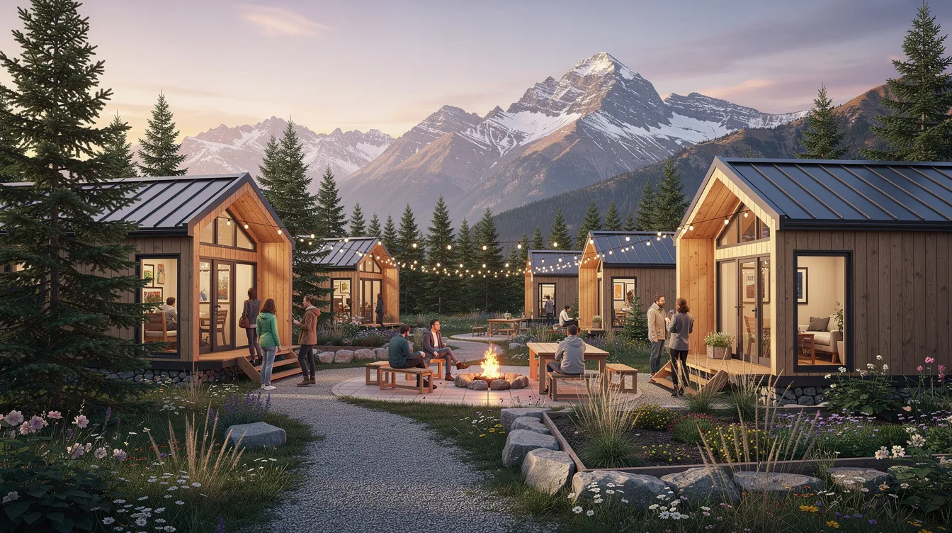 6eb6c201a4a348c0a044ceff7c0adcb0 This image depicts a cozy tiny home community nestled in the picturesque Pine River Valley with outdoor gathering spaces that encourage social interaction among tiny home residents The backdrop features majestic mountains highlighting the natural beauty of this quiet agricultural community in southwest Colorado