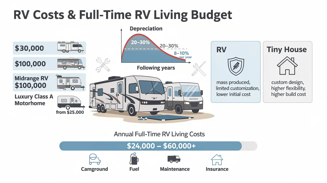 6f4710cc8603489d87f749d45df0a946 The image depicts a comparison chart illustrating the costs associated with RV living versus tiny homes It highlights the price range of RVs from travel trailers starting at 000 to luxury RVs exceeding 0000 emphasizing the affordability of RVs compared to the higher costs of tiny house living while also noting ongoing expenses like campground fees and maintenance for full time RVers
