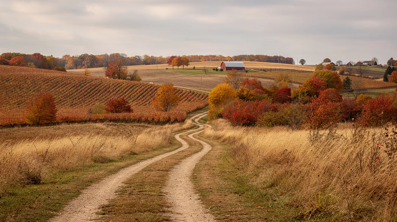 6f80e6d8e35e4987931fb57310ad9227 A winding walking trail meanders through the picturesque Iowa countryside lined with vibrant autumn trees showcasing hues of orange and gold This serene landscape invites visitors to explore the beauty of nature while considering the charm of tiny house communities in Iowa
