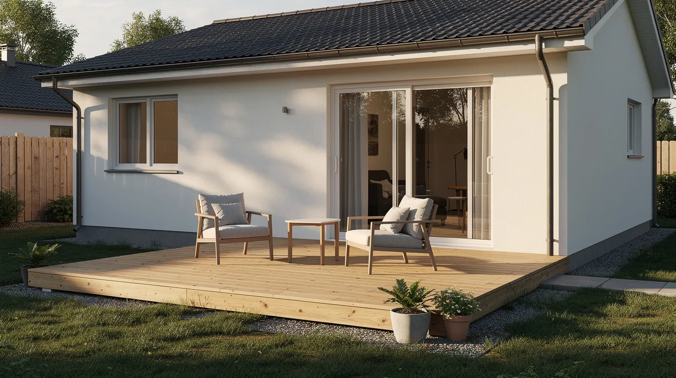 6fcaccaa4a754f53a34598629805b8f4 The image depicts a cozy tiny house with a simple wooden deck platform featuring outdoor chairs that invite relaxation and socializing This charming space reminiscent of a country cottage is perfect for enjoying the surrounding greenery and creating memorable moments with friends