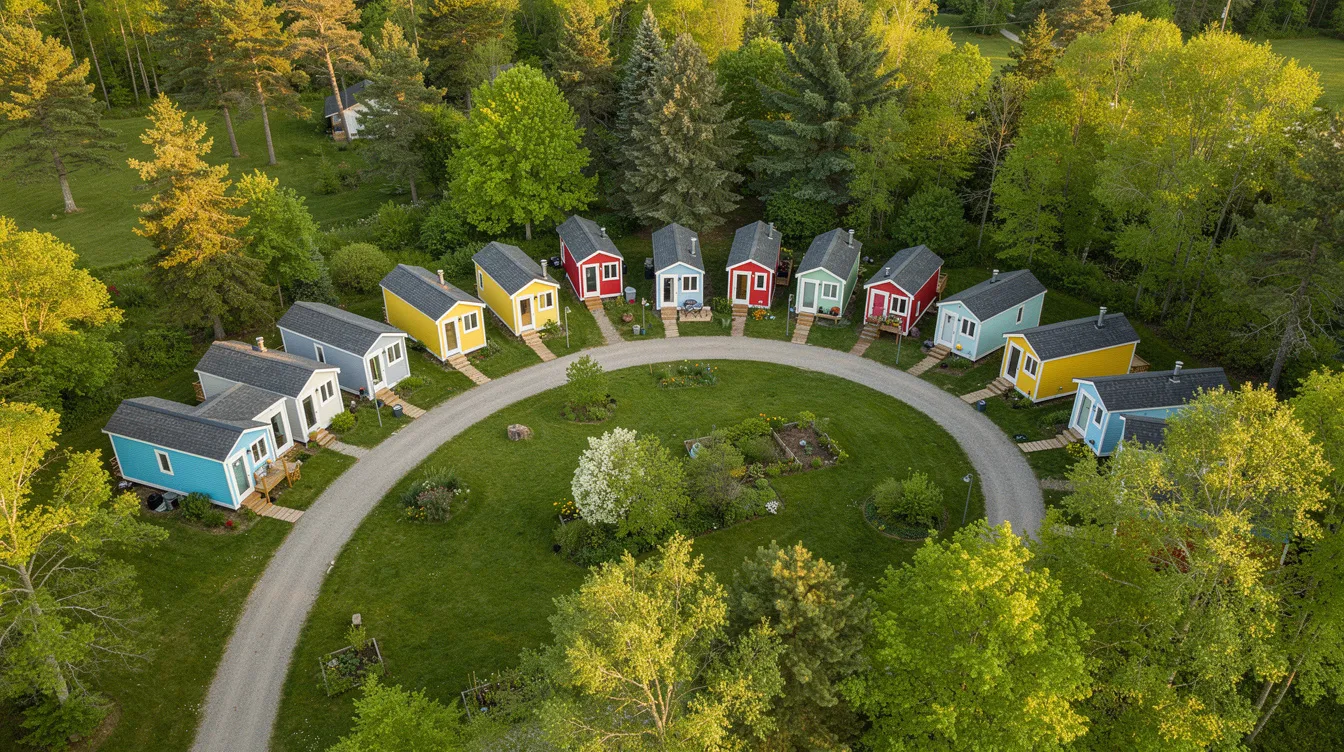 70291972e3f94f188577075b89e8e84a An aerial view of a vibrant tiny home community showcases colorful tiny houses arranged in a curved pattern surrounded by beautiful old growth trees This picturesque village located in rural easternmost Grainger County embodies the spirit of tiny living and sustainable community life