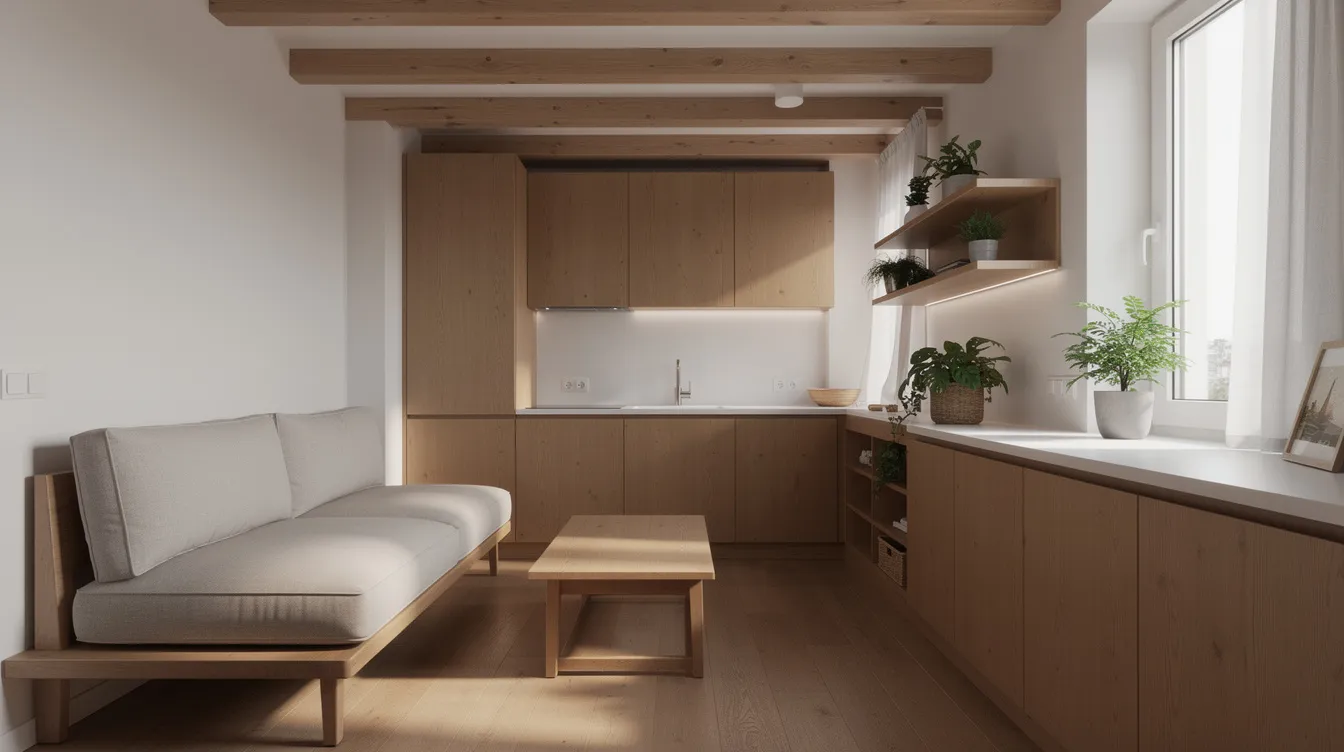 70aaa25ad78c482fa195a09e0da0f65e The image depicts the interior of a compact dwelling showcasing a bright and airy living space with abundant natural light and warm wooden finishes This tiny home exemplifies the essence of the tiny house movement emphasizing a cozy yet functional lifestyle with higher quality materials