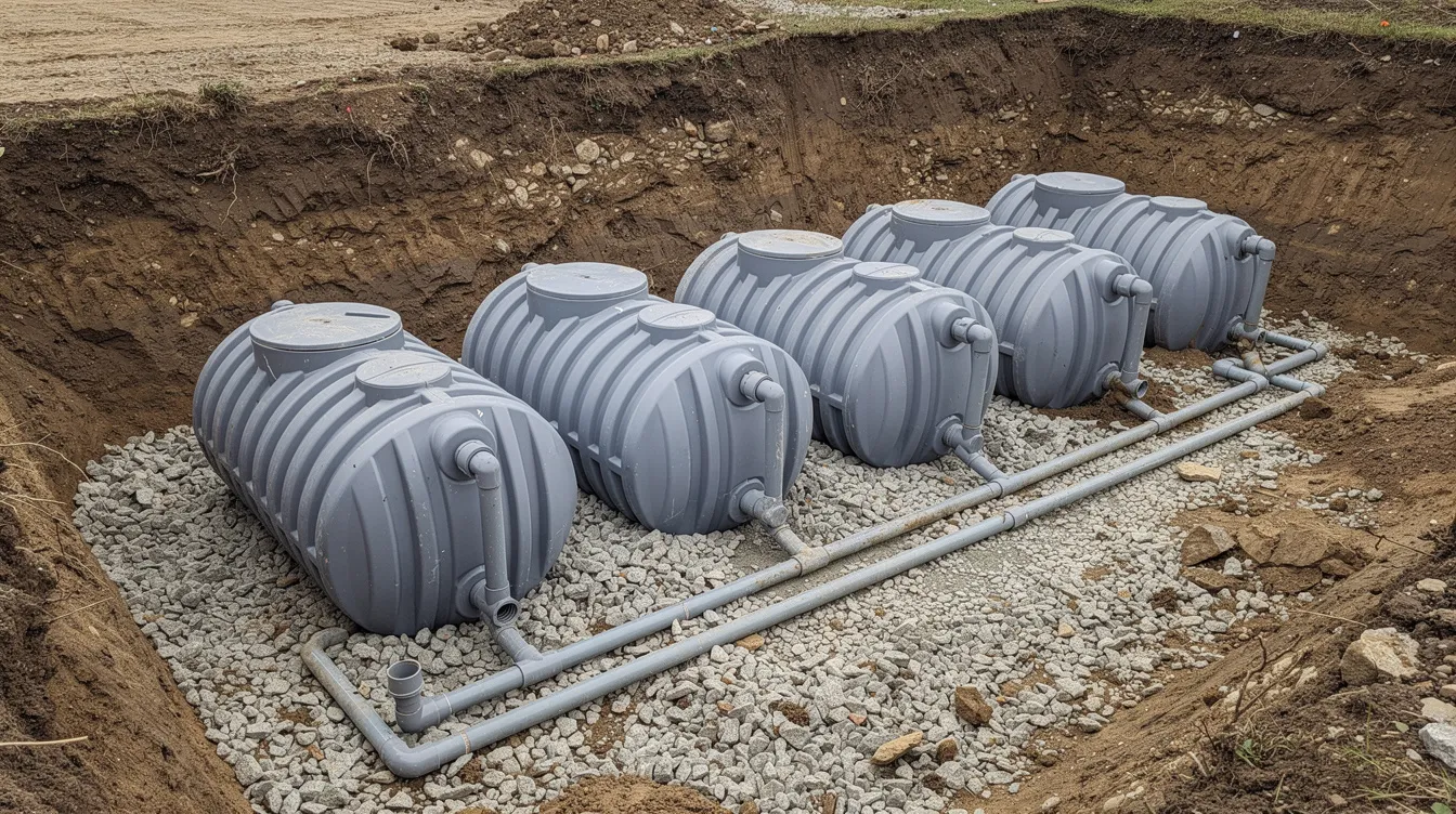 7109fc51f51740088b73f53f1b66ddae The image shows a pit excavated in the ground filled with buried plastic barrels connected by PVC pipes surrounded by gravel This setup is part of a grey water system commonly used by tiny house owners to manage waste water from sources like kitchen sinks and showers promoting a sustainable off grid lifestyle