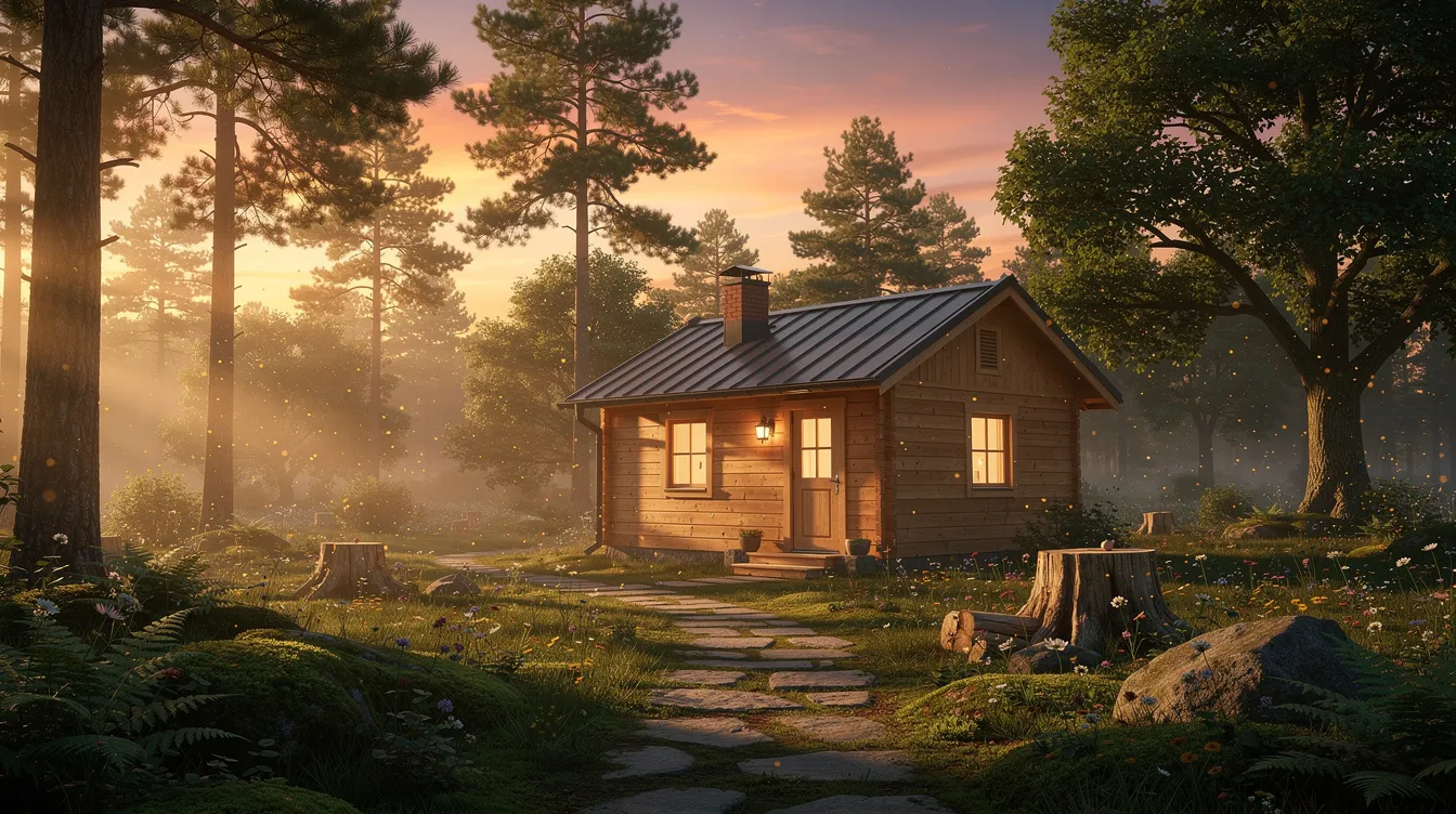 71d276d78f8d4c46a8976be7a10df8cf A tiny house is nestled in a forest clearing bathed in the warm hues of sunset showcasing its energy efficient design with solar panels on the roof This image captures the essence of tiny house living emphasizing sustainable solutions and renewable energy sources in a serene natural setting