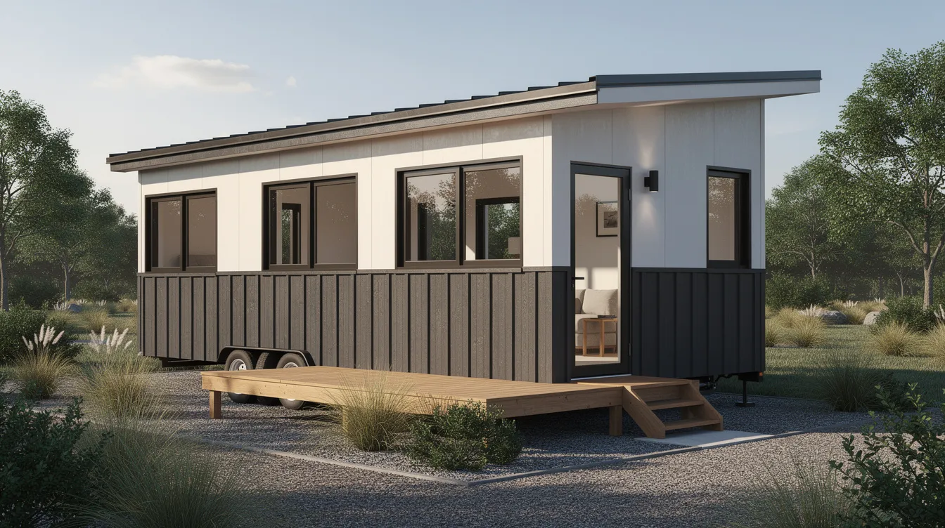 728f34ca97b045119af5828586e3d770 The image depicts a two tone tiny house exterior featuring dark lower walls that contrast beautifully with a light upper section enhancing its overall design The structure incorporates unique architectural features and natural materials creating a charming and modern look that invites natural light into the compact space