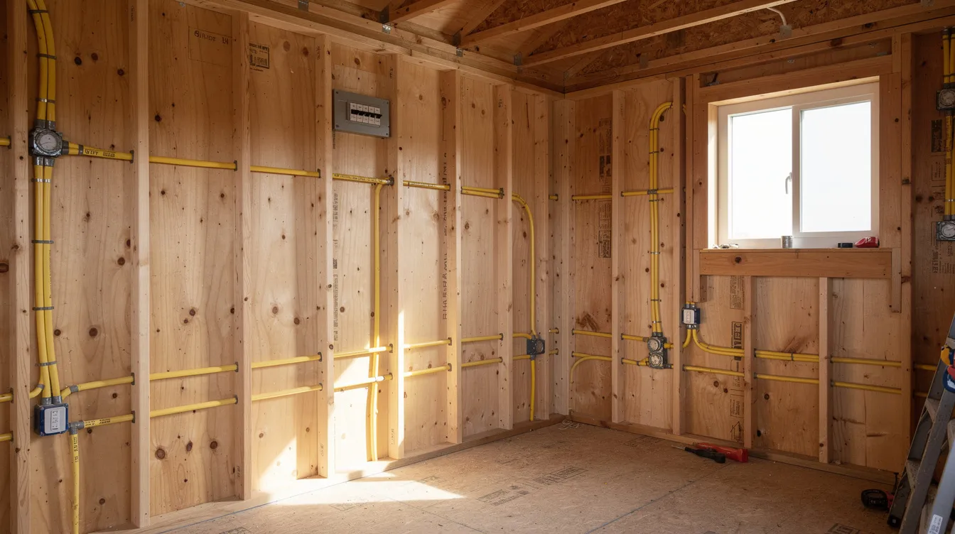 72bab491084d416dbc6f9251d63650f4 The image depicts the interior of a tiny house showcasing exposed wall studs with various electrical wiring running through them illustrating the setup of a tiny house electrical system This view highlights the essential components such as electrical connections and the layout needed for efficient power distribution throughout the entire tiny house