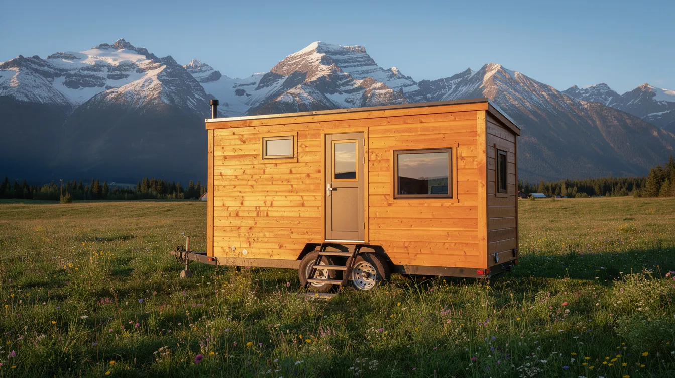73423b10592f42fb877151b962a6a0c9 A small wooden tiny house on wheels is parked in a serene meadow with majestic mountains rising in the background This image captures the essence of affordable housing showcasing a unique tiny home that exemplifies the growing interest in tiny house financing options and sustainable living