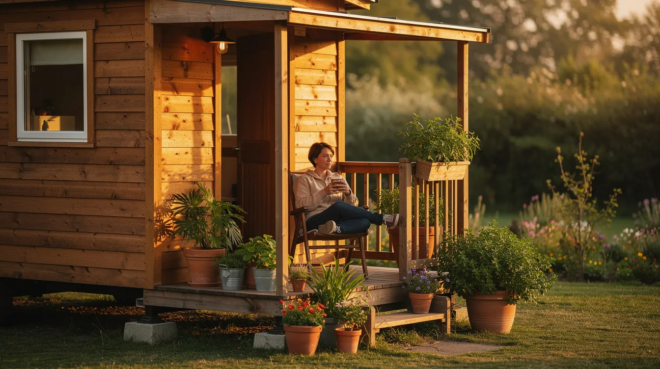 73828fd719414a33a093cf73d61fa7a0 A person is relaxing on a small covered porch attached to a tiny wooden house surrounded by potted plants showcasing a cozy and minimal living space ideal for a single person This inviting scene highlights the charm of tiny house living emphasizing the comfort and simplicity of a smaller home