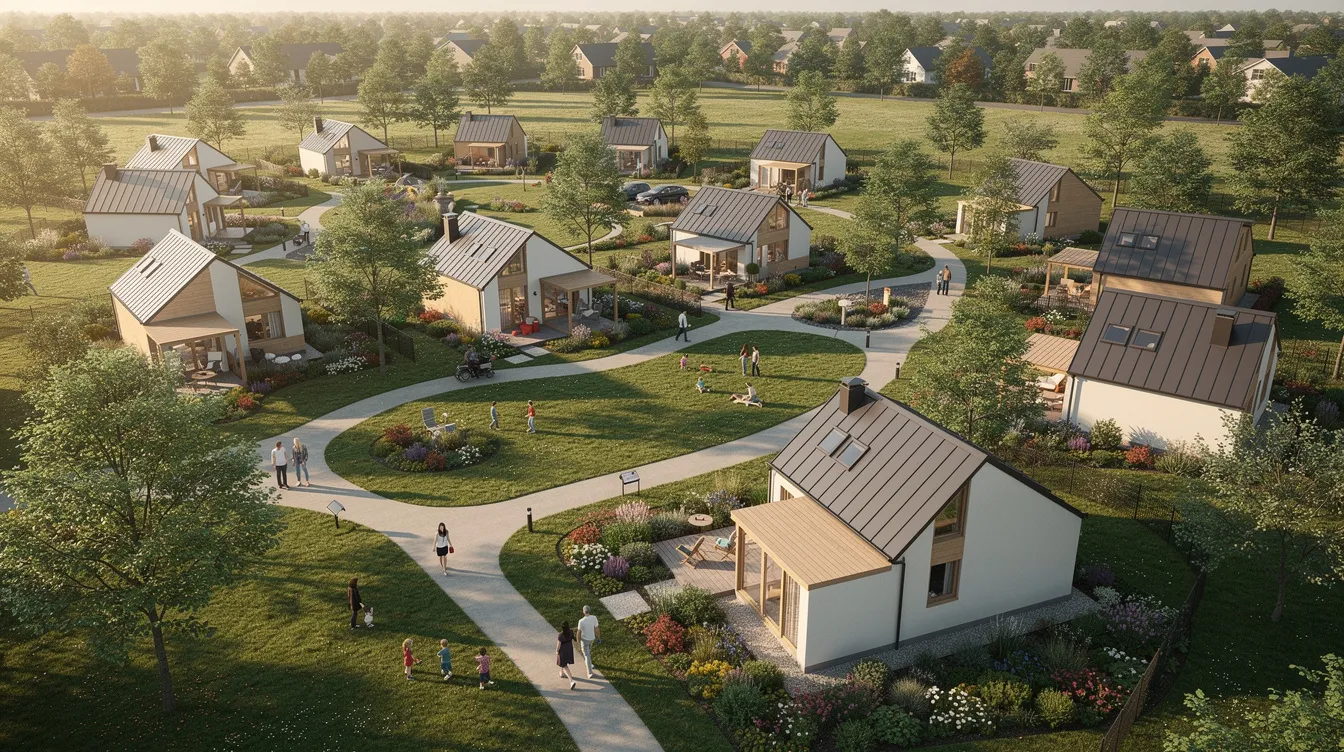 74e245983854470c81a3b1359b696ebc An aerial view captures a cluster of tiny houses surrounded by lush green spaces and winding walking paths creating a vibrant community atmosphere The layout emphasizes shared areas for residents to enjoy reflecting the simplicity and affordability of tiny house living in Arkansas