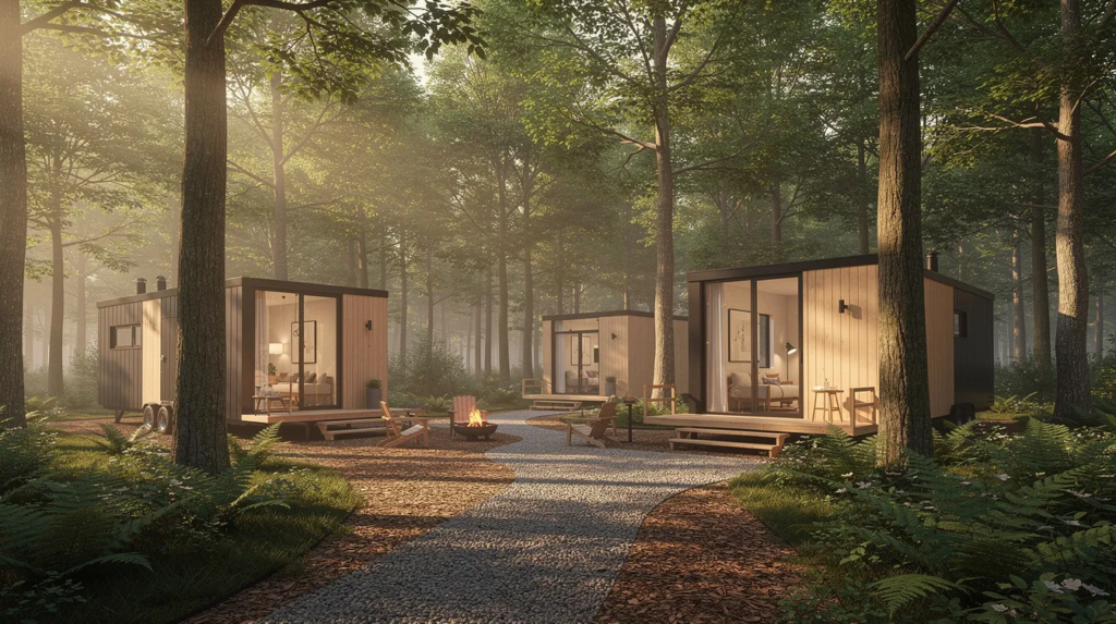 75324c9cb5ae4e5b871da802cc804b58 A small cluster of modern tiny homes is nestled among trees in a natural wooded setting showcasing sustainable living in a tranquil environment These tiny houses designed for efficient use of space reflect the growing interest in tiny home communities in Maryland