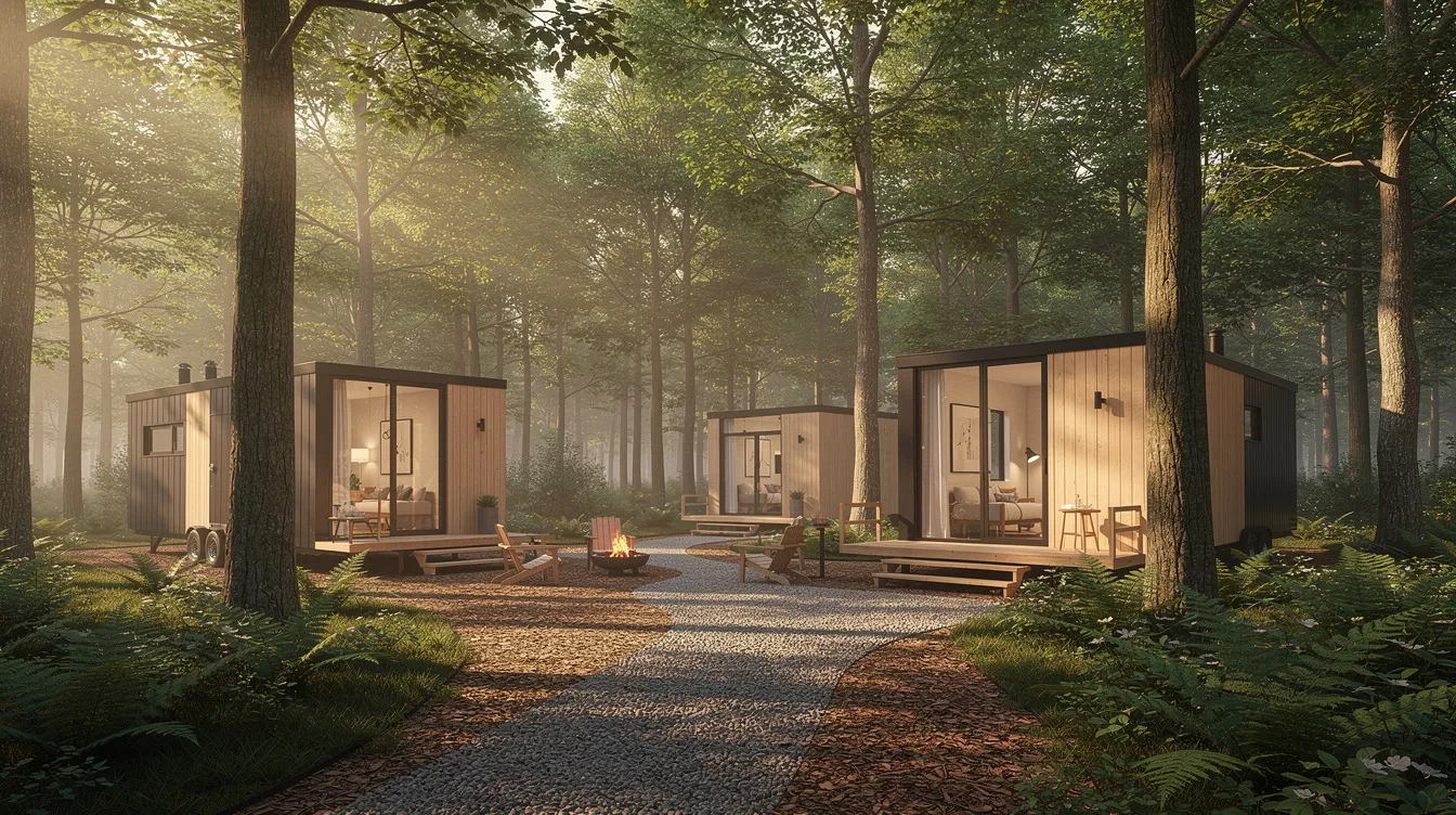 75324c9cb5ae4e5b871da802cc804b58 A small cluster of modern tiny homes is nestled among trees in a natural wooded setting showcasing sustainable living in a tranquil environment These tiny houses designed for efficient use of space reflect the growing interest in tiny home communities in Maryland