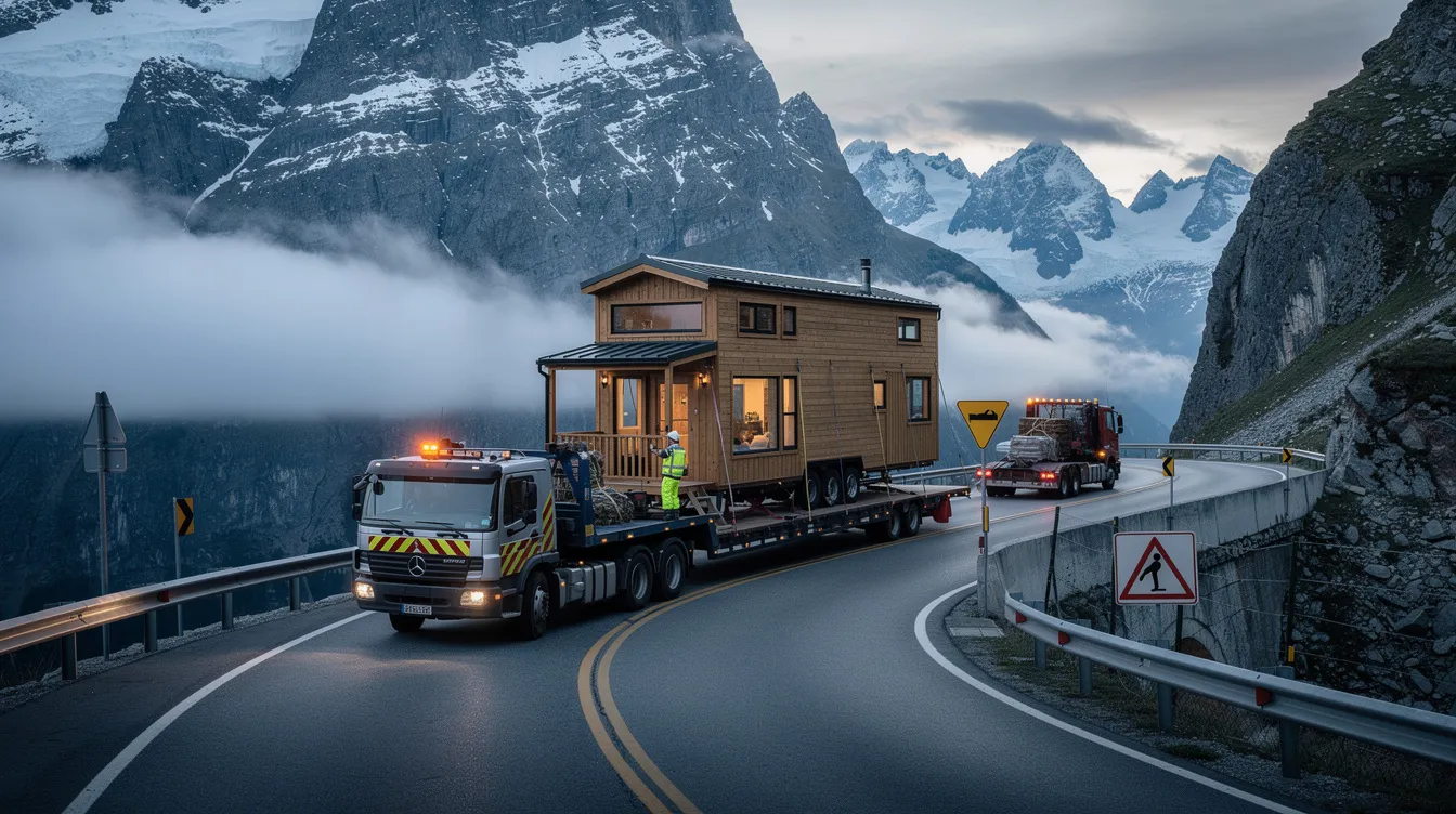 755f203cdb204e569a67e039de764f46 A tiny house is being carefully transported through scenic mountain passes by professional movers utilizing a heavy duty truck and specialized towing equipment The relocation process includes route planning and adherence to legal requirements to ensure a safe journey for this mobile home across state lines