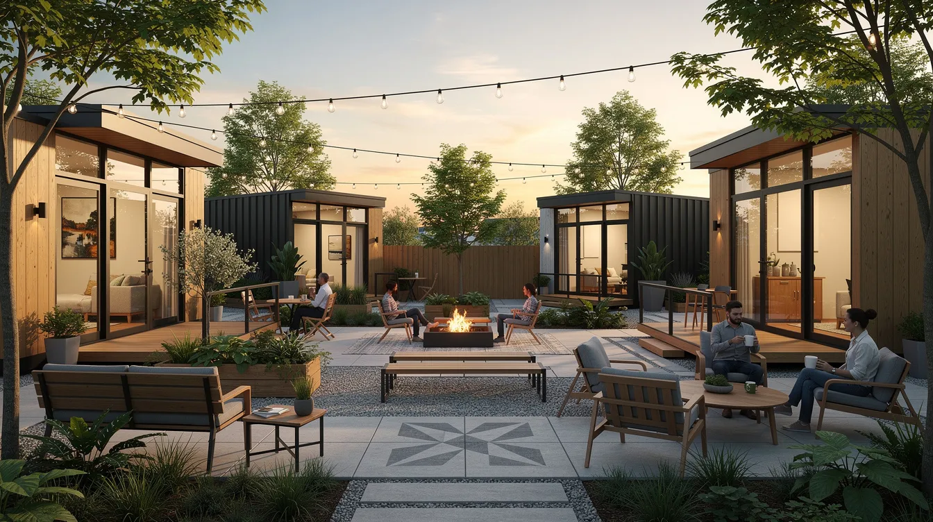 756489029ce64f4092f6e9d2644c30af The image depicts a modern tiny house community in Central Texas featuring several tiny homes arranged around a shared courtyard with outdoor seating creating inviting communal spaces for residents to enjoy This supportive community emphasizes tiny living and offers amenities such as community gardens and a dog park fostering a sense of connection among neighbors