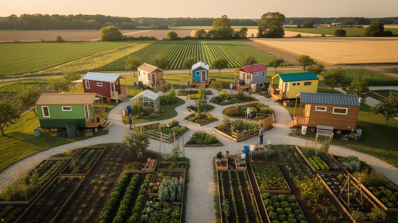 7681b7744a4d41619b3259cf803bcfa5 An aerial view showcases a tiny house community in Central Texas with tiny homes nestled among vibrant organic farm fields and community gardens highlighting the spirit of sustainable living and supportive community Residents enjoy shared spaces including a dog park and common areas fostering a close knit neighborhood atmosphere