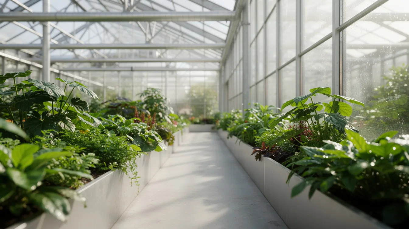 76acf248164a47928bd7620c69214a04 The image depicts an indoor greenhouse corridor filled with lush green plants growing in planter beds illuminated by natural light streaming through large glass windows This vibrant space reflects sustainable living principles reminiscent of earthship design where recycled materials and energy efficient features create a self sufficient environment for food production