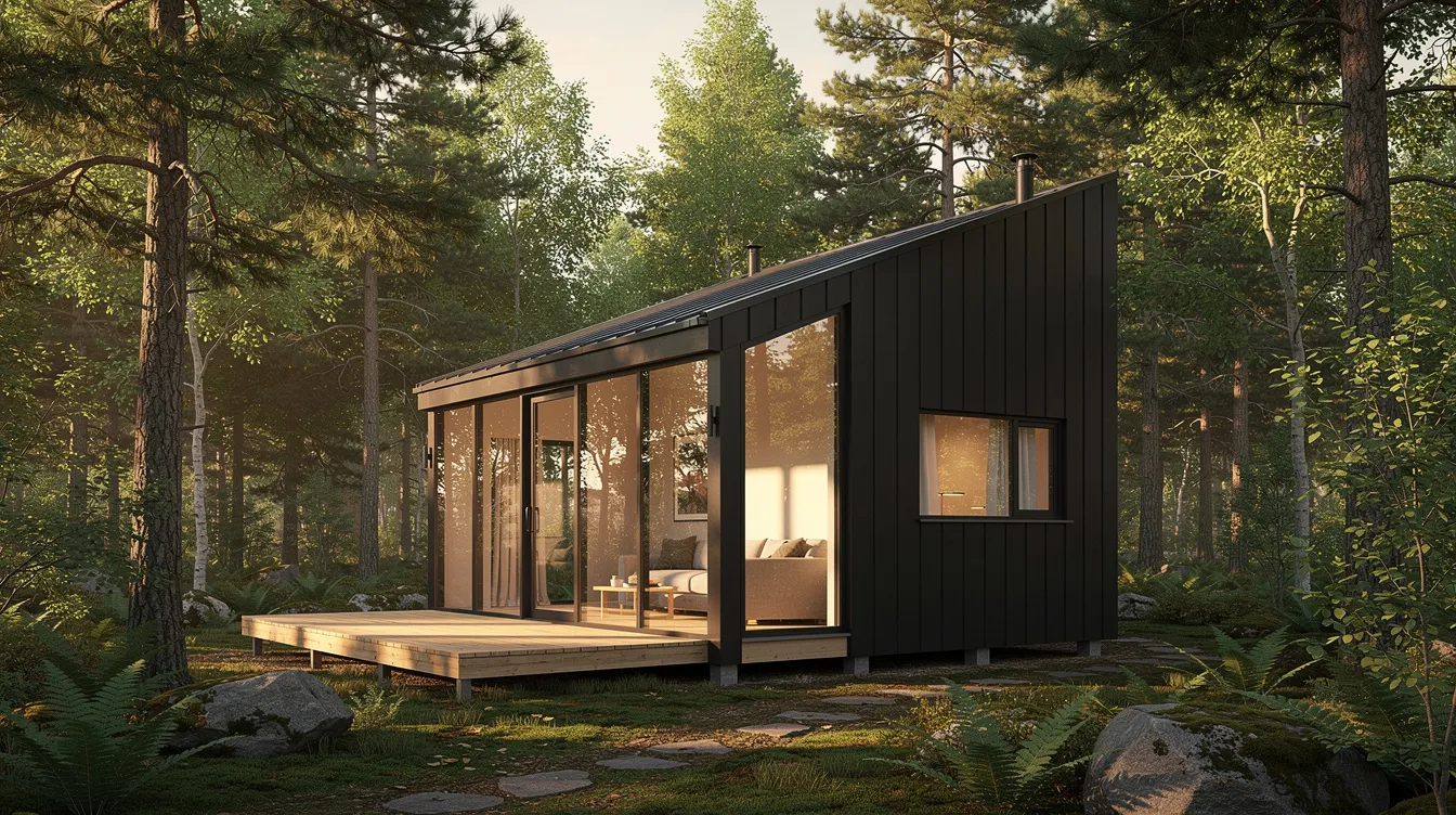 76ccebd4a5094a6ab47c3548a31e857e The image showcases a modern tiny house with a sleek exterior featuring floor to ceiling windows and a simple mono pitch roof surrounded by lush trees allowing ample natural light to flood the living space This well designed tiny home emphasizes clean lines and a connection to nature embodying the essence of the tiny house movement