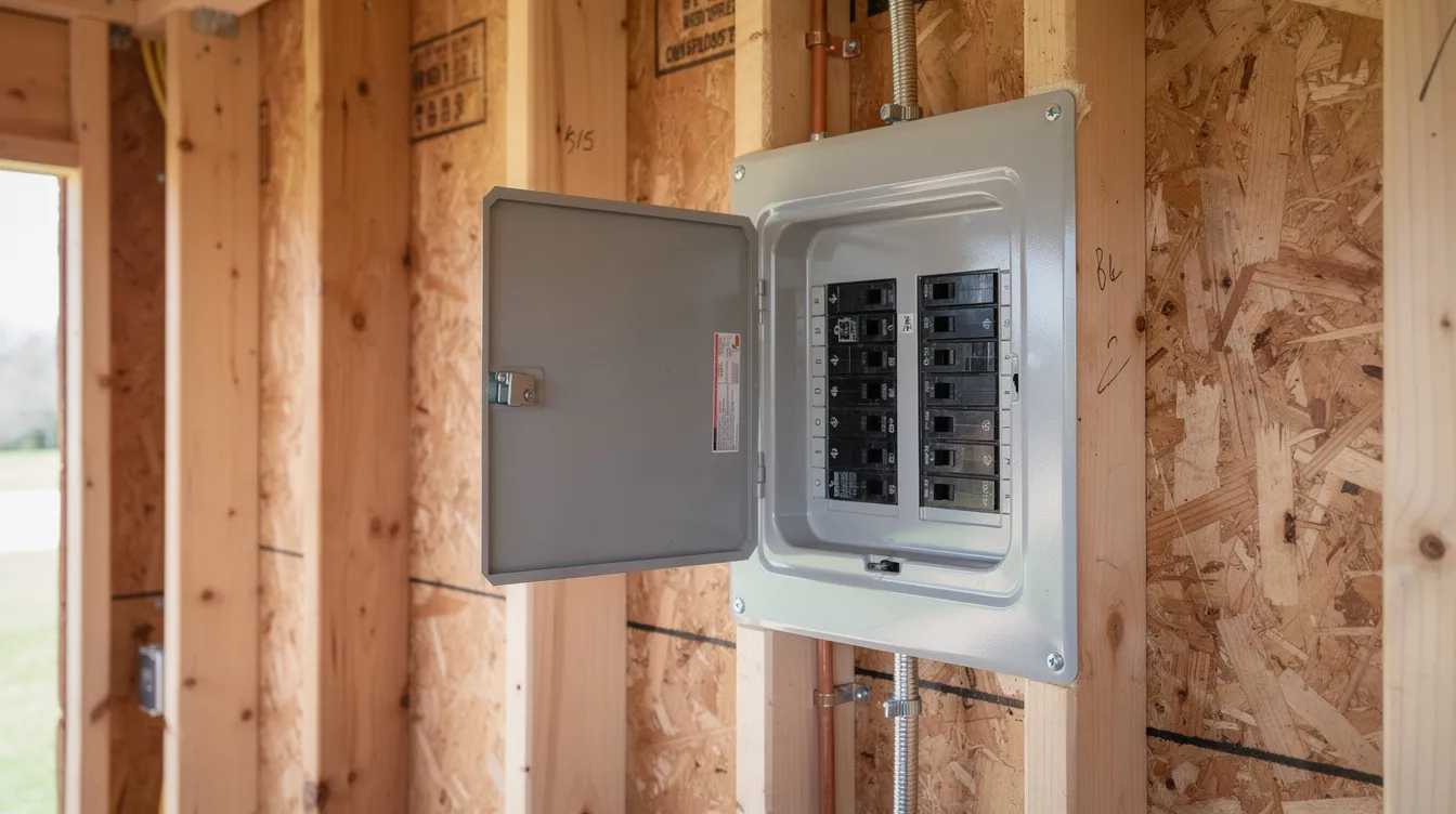 773560510a694a77b7096cdd164cb68f The image shows a compact breaker panel mounted on a wall inside a small wooden structure typical of a tiny house electrical system This panel contains circuit breakers and electrical connections that manage the power source for the entire tiny house ensuring safe and efficient electrical work