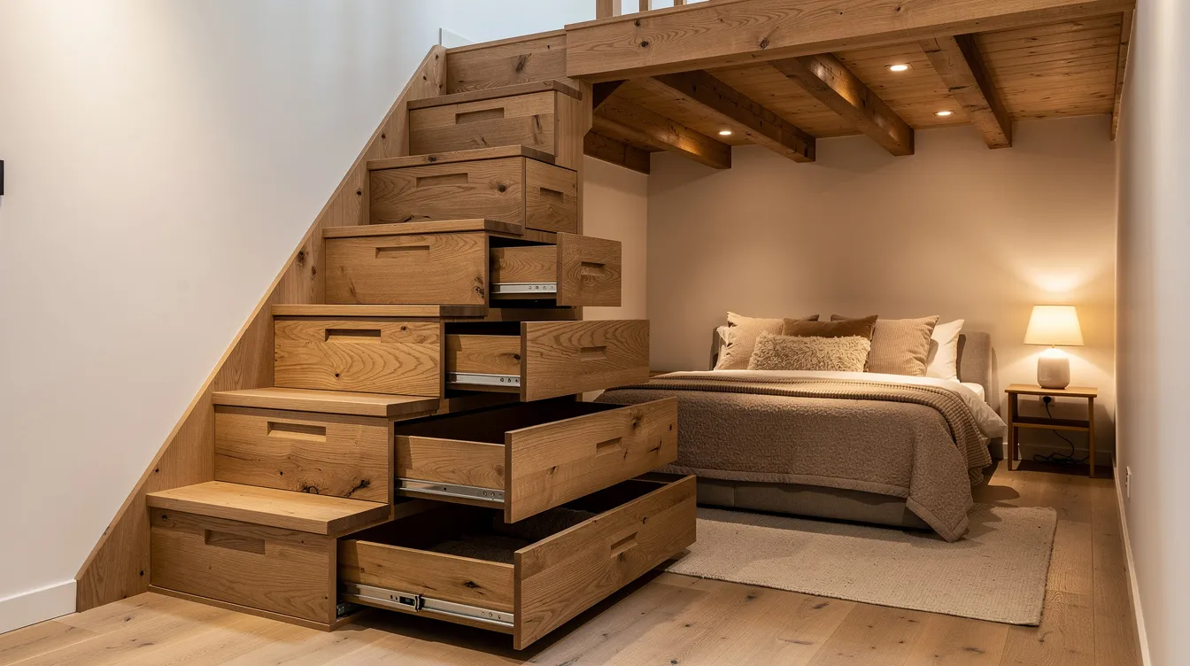 774bade7bf8b4fcb84ec9e2645d504e3 The image features a wooden staircase with built in drawer storage leading up to a cozy loft bedroom in a tiny house The design maximizes vertical space creating an efficient and functional layout that enhances the feeling of openness with natural light streaming through large windows