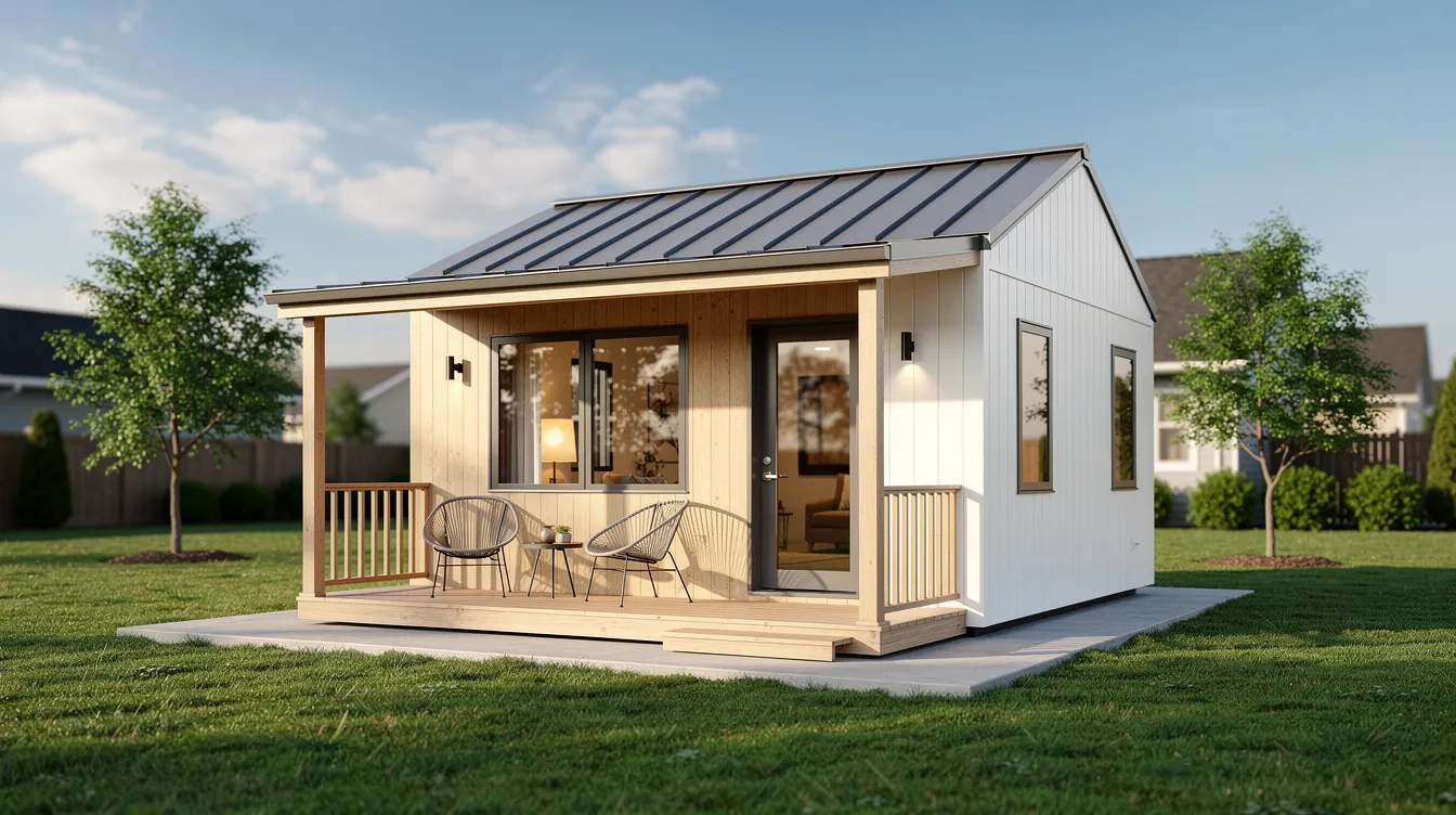 77b1bbc9e2344ccc8c5745444c871791 The image depicts a small modern tiny house with a welcoming front porch situated on a sturdy concrete foundation amidst a grassy residential area This tiny home exemplifies the tiny house movement offering an affordable housing option in a community setting