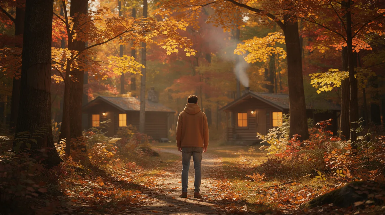 78579607471e4b42835666b5b0724e62 A person stands on a walking trail surrounded by vibrant autumn foliage with small cabins peeking through the trees reflecting the charm of tiny house communities in Massachusetts These compact homes offer a glimpse into sustainable living and the tiny house movement providing affordable housing solutions amidst nature