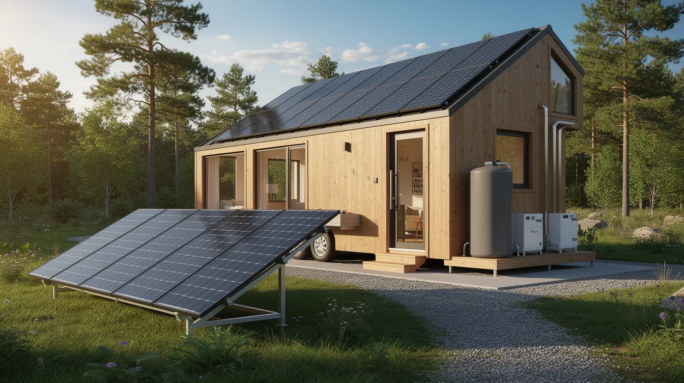 788f7e5e3eb4459cb2158bd564f5be18 The image depicts a tiny house equipped with solar panels installed on its roof showcasing a solar power system designed to meet the energy needs of the home The panels are positioned to capture direct sunlight efficiently contributing to reduced electricity bills and promoting renewable energy usage for tiny house owners