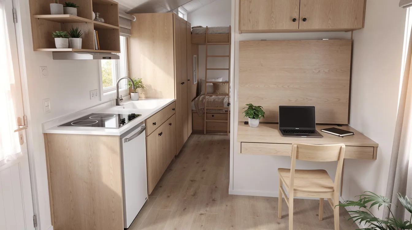 78be5640fc9b4152be15c541bc783cdc The image depicts the interior of a tiny house living area featuring a compact kitchen with limited counter space and a fold down desk that maximizes functionality in such a small space This design exemplifies the principles of tiny living showcasing efficient use of storage and creating a cozy living space