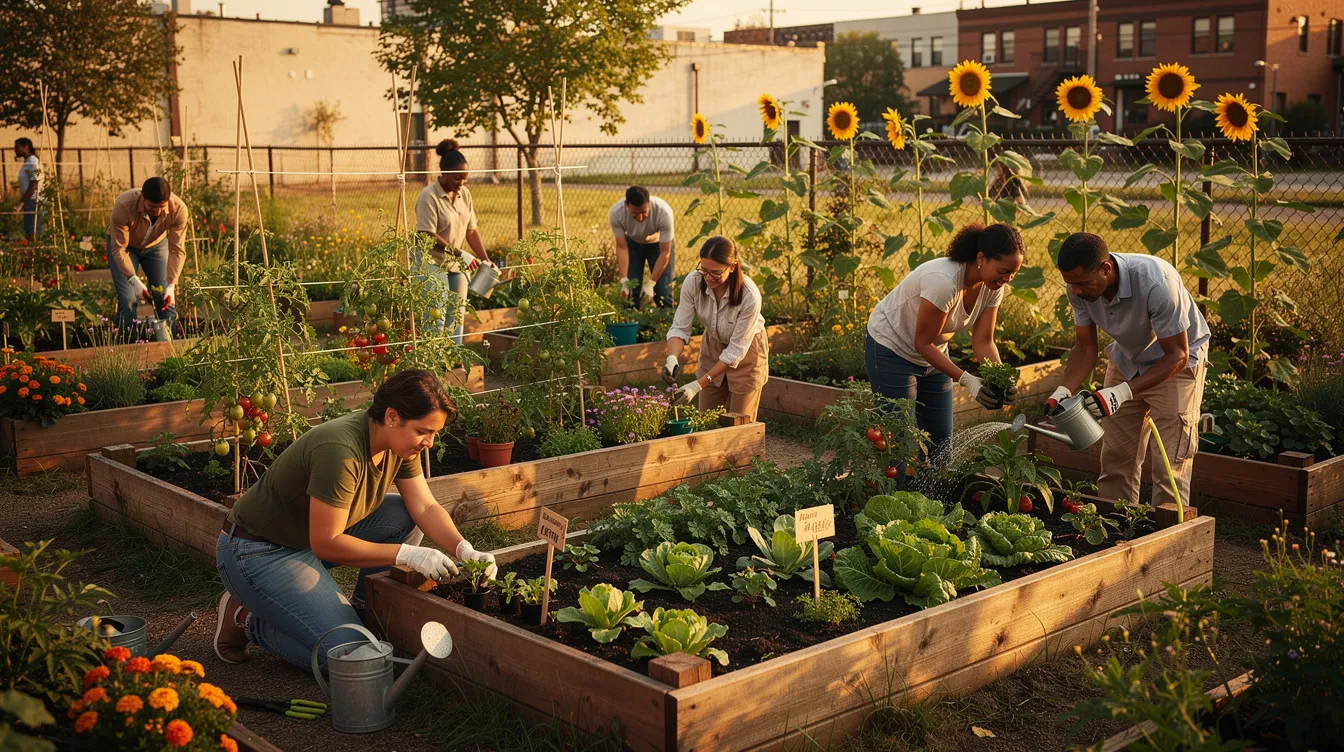 790129fedf9741bdbb86638c37f0aacf The image depicts a vibrant community garden featuring raised wooden beds filled with various plants where residents are actively tending to their crops This scene reflects the spirit of tiny living in Iowa as community members come together to cultivate land and enjoy the benefits of gardening