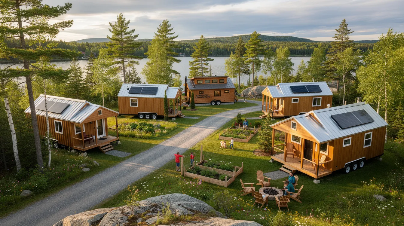 79697991f895468fa3b0329c750a5b4a The image depicts a serene tiny home community in Southern Maine showcasing several charming tiny houses nestled among lush greenery This tiny house park offers a variety of affordable living options promoting a lifestyle of tiny living while providing a sense of community for its residents