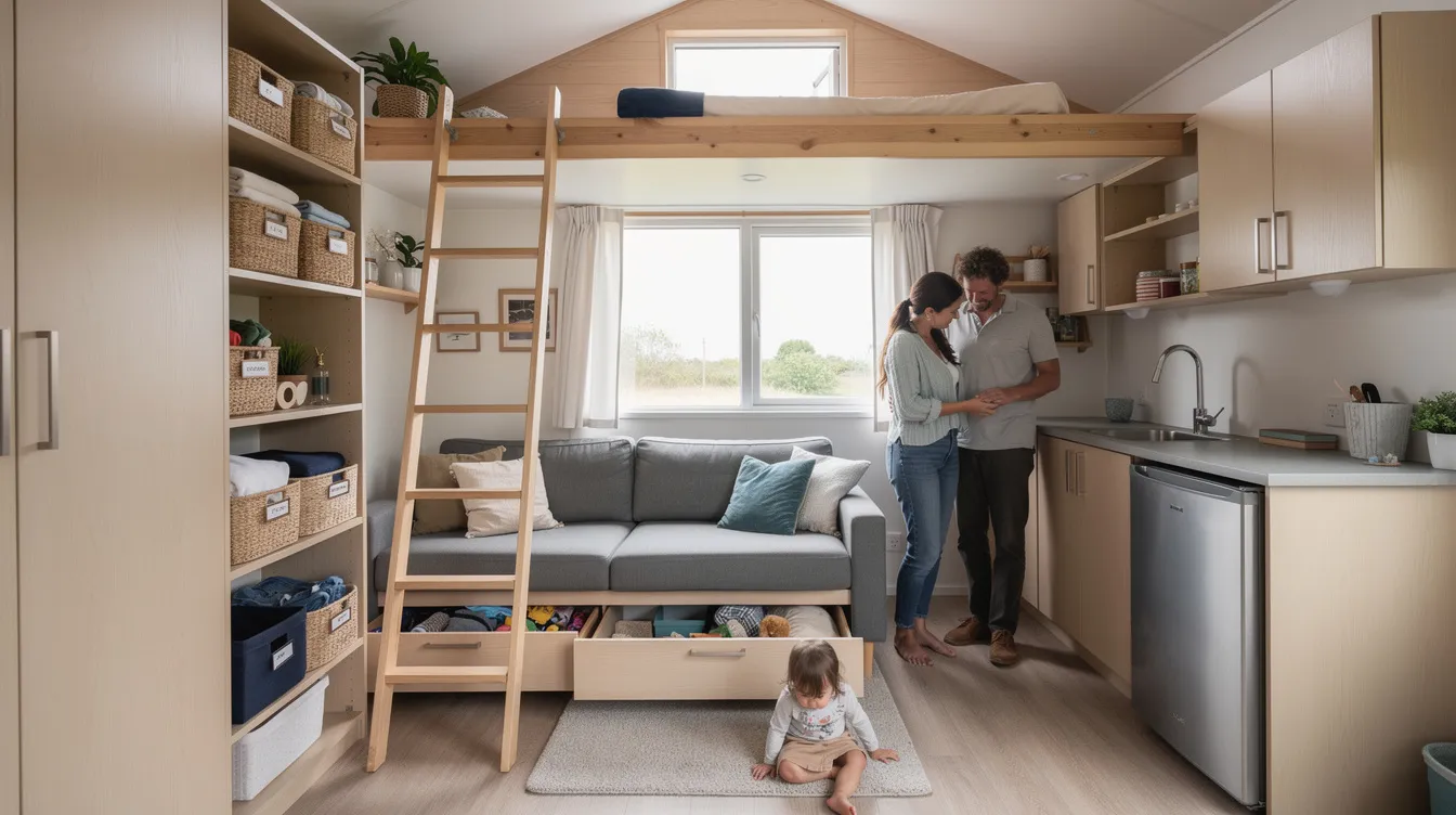 798fb6a032874bd5a10cf783707f6891 The image depicts a compact tiny house measuring between 100 and 400 square feet showcasing multi functional furniture and built in storage solutions that maximize living space This minimalist dwelling highlights the challenges of tiny home living particularly for families as it can feel cramped and restrictive when accommodating life changes or hosting guests