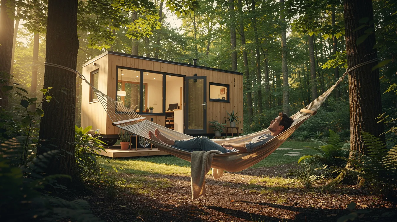 7a08dec1ee6643e3b03f94bb5faa42ff A person is peacefully relaxing in a hammock outside a tiny house surrounded by lush trees embodying the joy of living small and enjoying quality time in nature This scene highlights the simplicity and tranquility of tiny home living emphasizing the importance of creating a comfortable living space with minimal material possessions