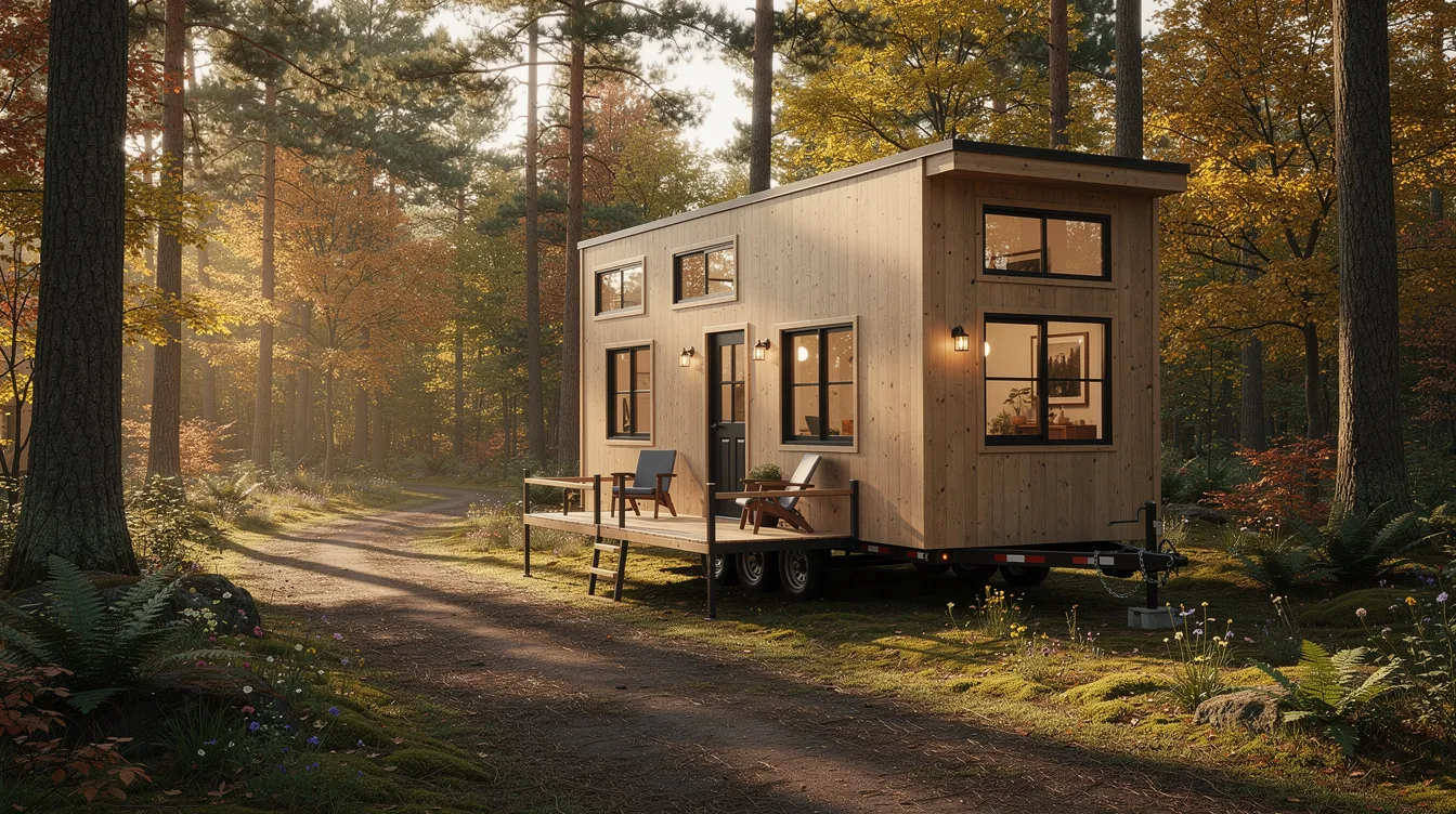 7a177593b2b1462eac37a8beeec893bd A completed tiny home on wheels is parked amidst a scenic wooded setting showcasing its compact design and energy efficient features This dream tiny home reflects the culmination of a building project that emphasizes streamlined processes and local building codes