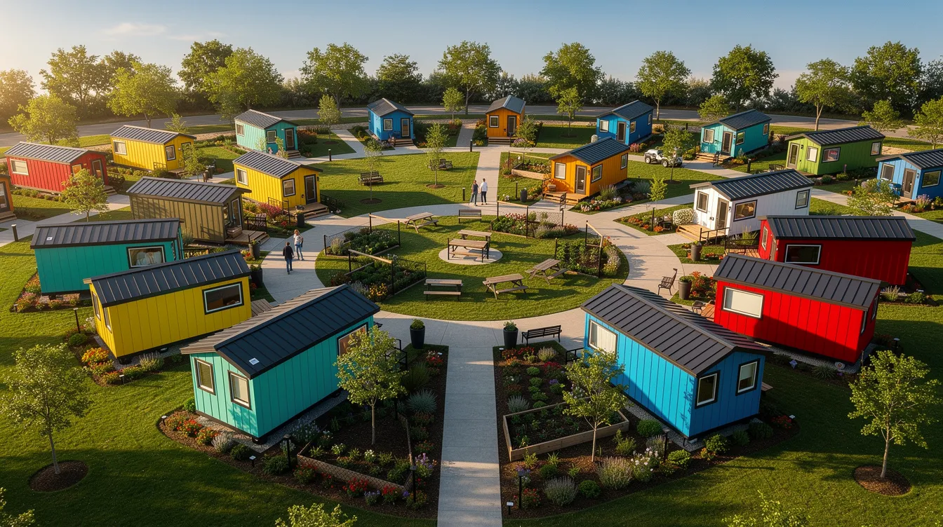 7ac94920fd5044a097654c2dbe5d74cd An aerial view showcases a vibrant community of tiny homes featuring a variety of colors and designs surrounded by lush green spaces and interconnected walking paths This cozy neighborhood exemplifies the charm of tiny living offering residents a sense of community and eco friendly living in the heart of Kansas
