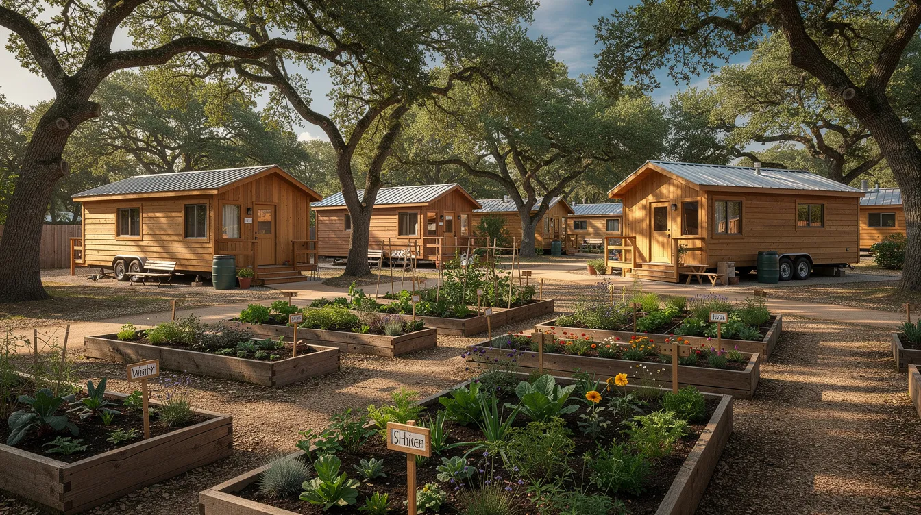 7be105d405f4430f9f8d2c6438167a4c The image depicts a charming tiny home community in Louisiana featuring small wooden homes nestled among tall oak trees with vibrant community garden beds visible in the foreground This serene setting reflects a sense of togetherness and a sustainable lifestyle ideal for residents seeking an affordable and unique living experience