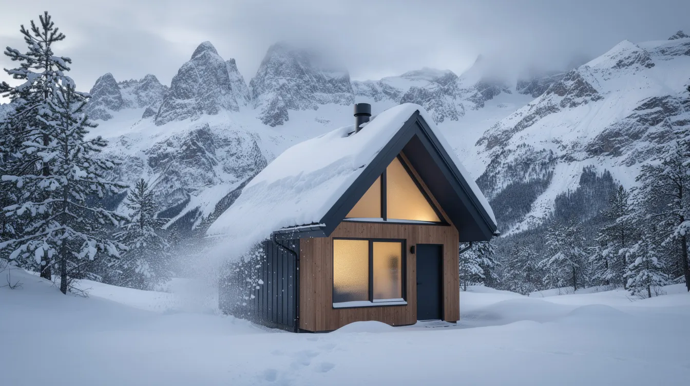 7c7d636d9f7645bf89fdb108cd5afe6a A tiny house with a steep metal roof sits in a snowy mountain landscape where snow slides off the roofing material showcasing the efficiency of the standing seam metal roof design The scene captures the beauty of modern architecture in a cold weather environment emphasizing the tiny home's aesthetic appeal against the white backdrop.