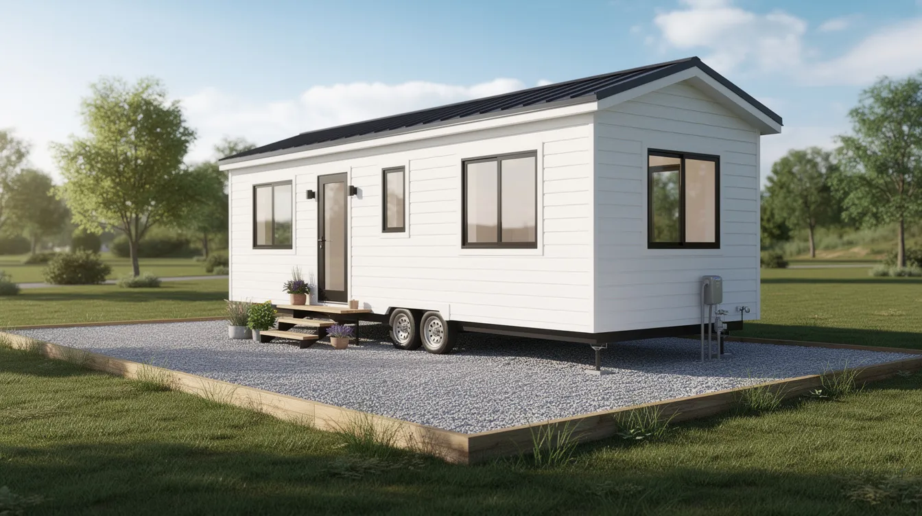 7c8586b72f1b4e6bb058aad65a8f4444 The image depicts a white park model tiny home situated on a level gravel pad foundation showcasing a solid base that supports the structure This setup highlights the importance of choosing the right tiny house foundation for stability and longevity in the tiny house movement