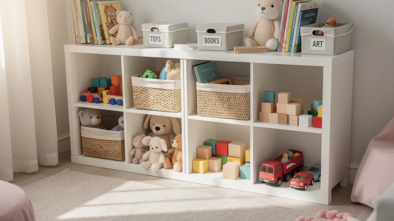7cd70bdd7dc54aaeb730f786d5b8cabe The image depicts organized storage cubbies in a small space filled with colorful toys and books showcasing an efficient use of storage in tiny house living This setup is ideal for families providing enough room for kids to play and explore while maintaining a tidy environment