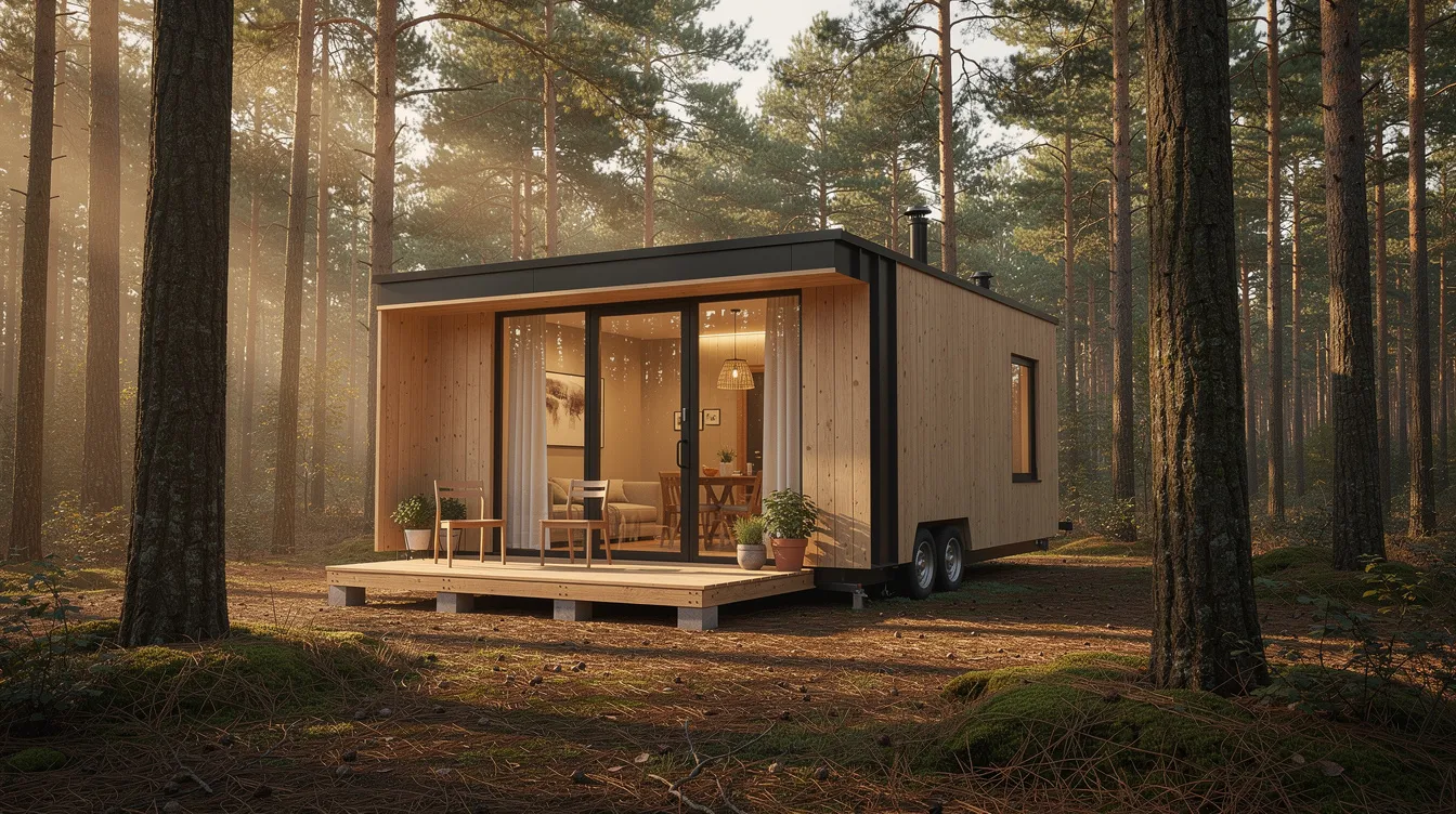 7cf8bf5ac08a4e5cb280b6ed031bdaca A modern tiny house designed for sustainable living is nestled among tall pine trees and features large windows and a small deck making it an appealing option for tiny homeowners seeking rental income through vacation rentals This eco friendly tiny home exemplifies the growing tiny house movement attracting many travelers looking for unique short term rentals