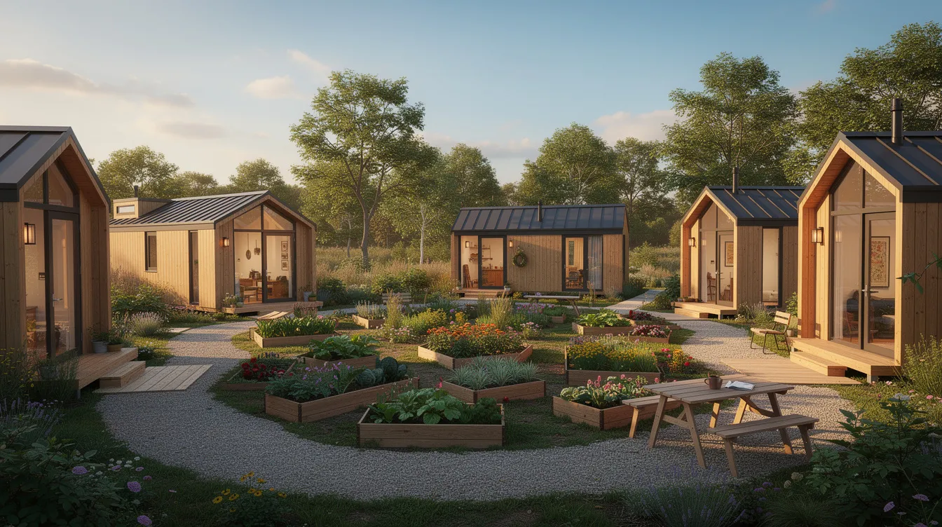 7f5ad6778cf74162bb97a7c52bff3a19 The image depicts a serene tiny house village featuring small homes arranged around a lush communal garden area embodying sustainable living Each tiny home is equipped with solar panels showcasing a commitment to renewable energy and energy efficiency within this off grid community